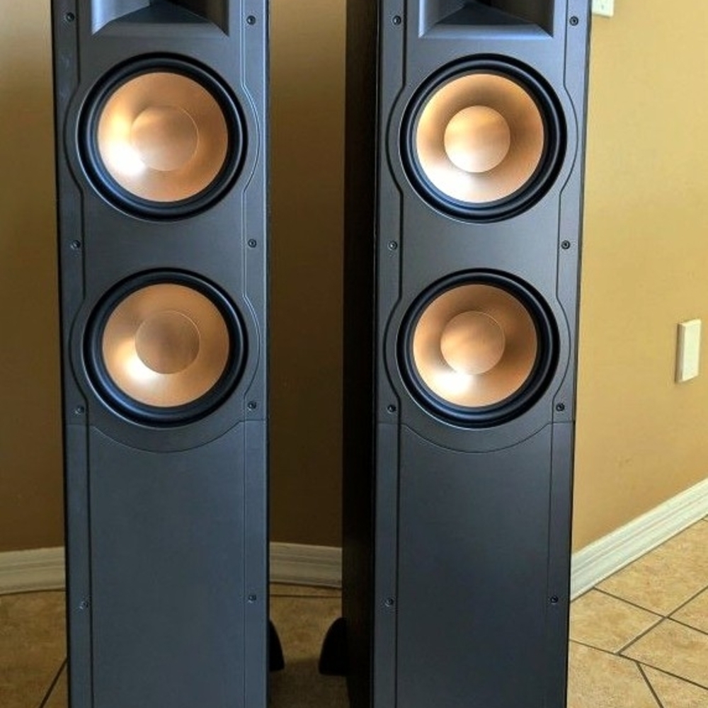Klipsch Black Floor Speakers with Gold Highlights